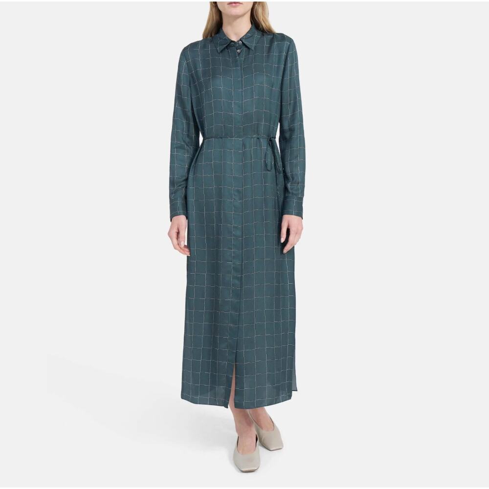 Theory Belted Shirt Dress Maxi in Petrol Multi Graphic Grid Print Small Petite